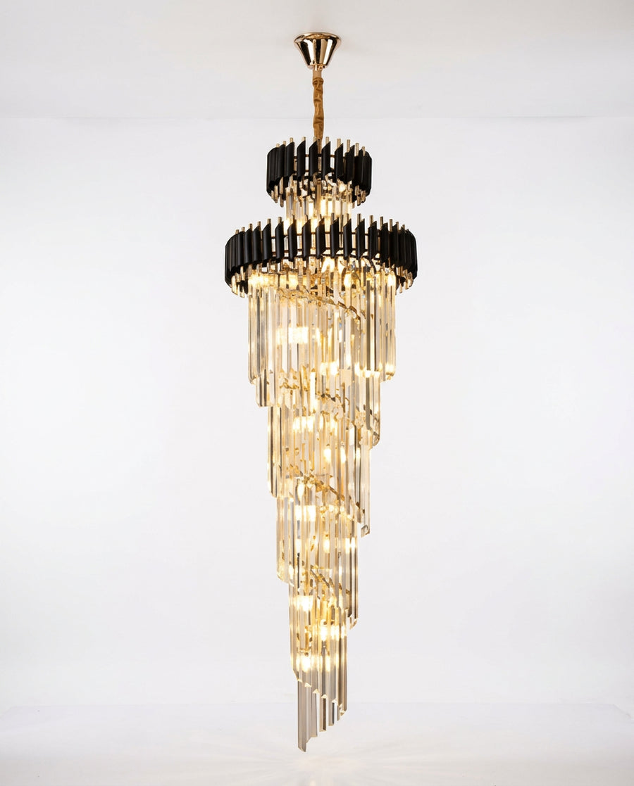 Black & Gold Spiral Staircase Chandelier - Black & Champagne Crystal