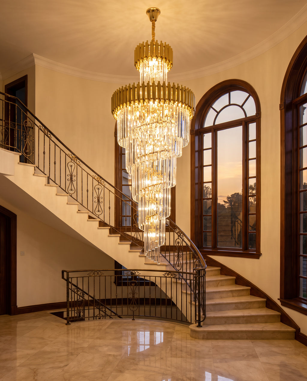 Gold Two-Tier Spiral Cascade Chandelier - Gold & Champagne Crystal in a room setting