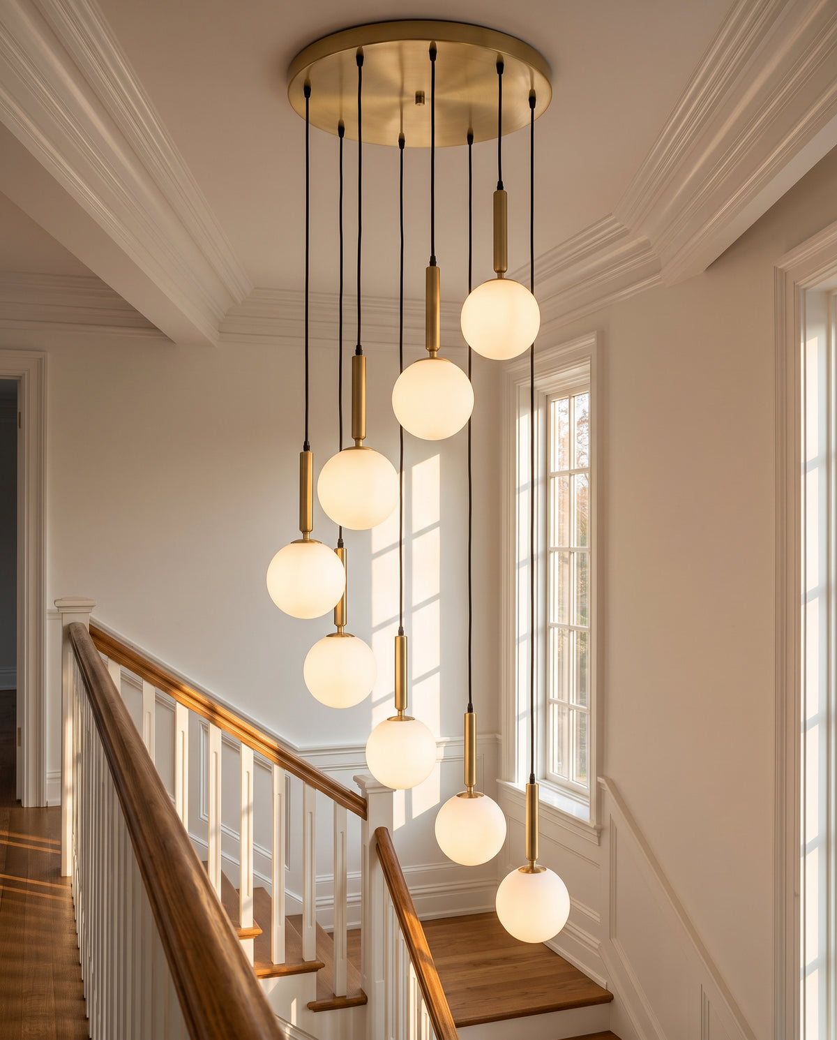 Brass Opal-Globe Cluster Pendant - Brushed Brass in a room setting