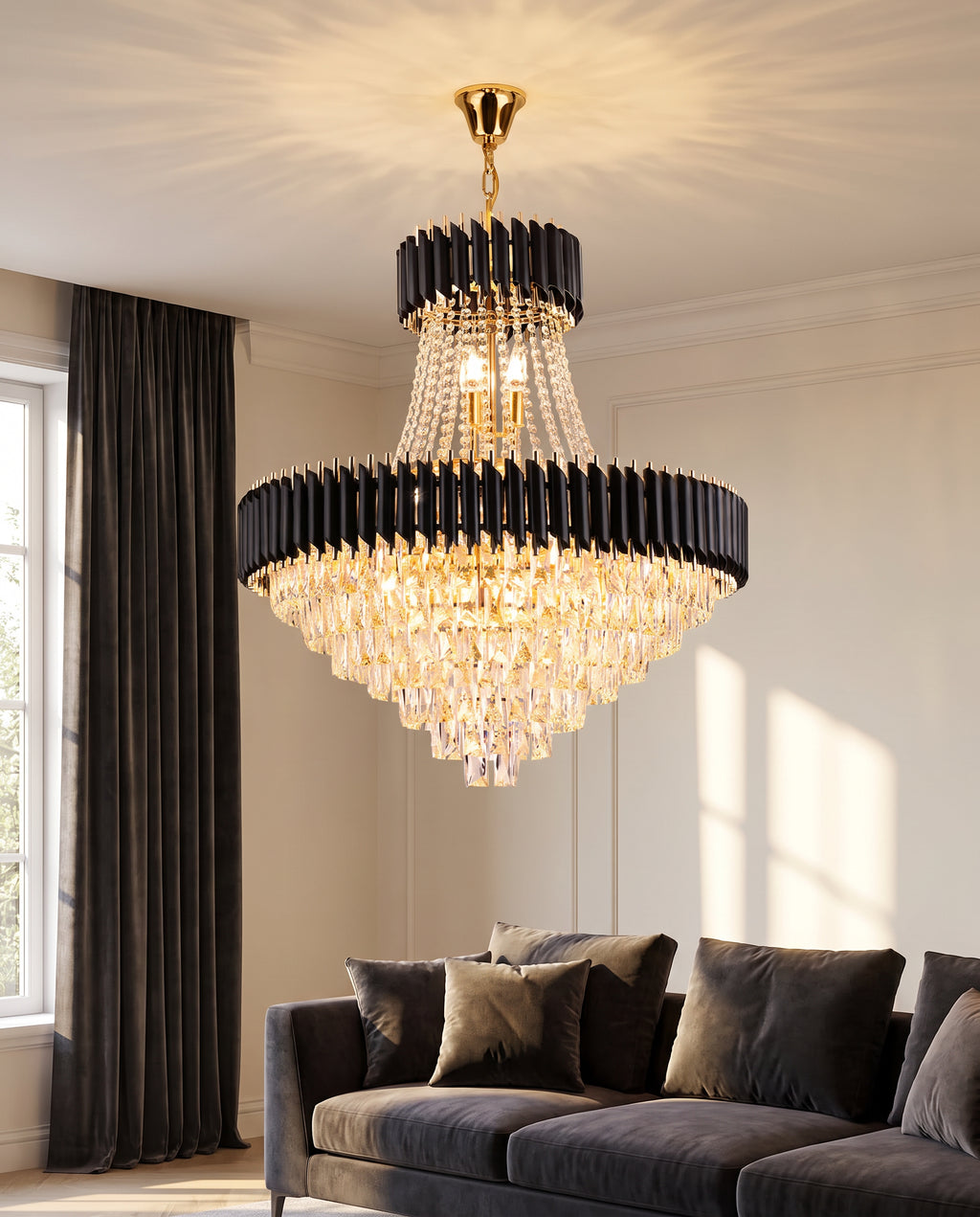 Black & Gold Cone Crystal Chandelier - Black & Champagne Crystal in a room setting