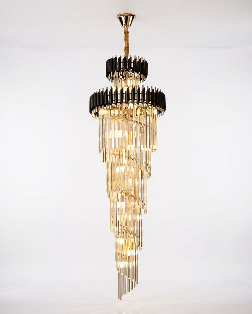 Black & Gold Spiral Staircase Chandelier - Black & Champagne Crystal