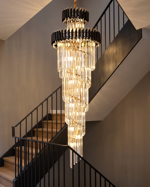 Black & Gold Spiral Staircase Chandelier - Black & Champagne Crystal in a room setting