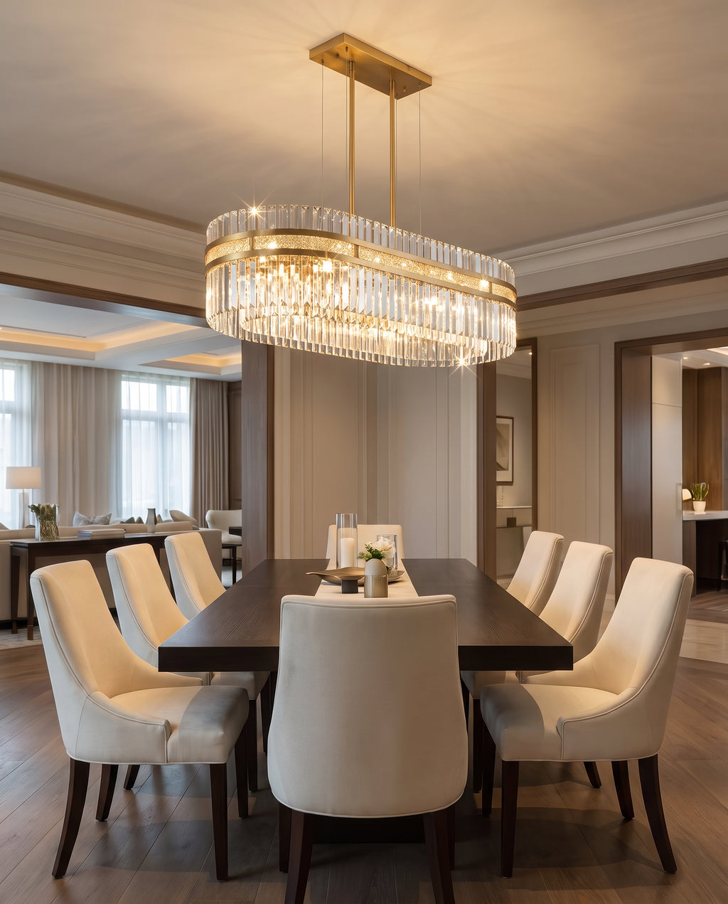 Gold Oval Crystal Linear Chandelier - Brushed Gold & Clear Crystal in a room setting