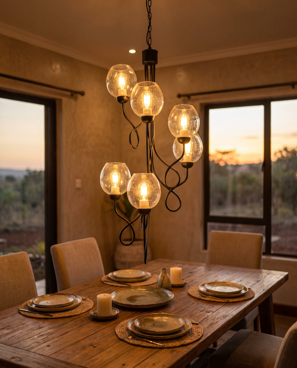 Black Curved-Arm Seeded-Glass Chandelier - Matte Black, 6 Globes in a room setting