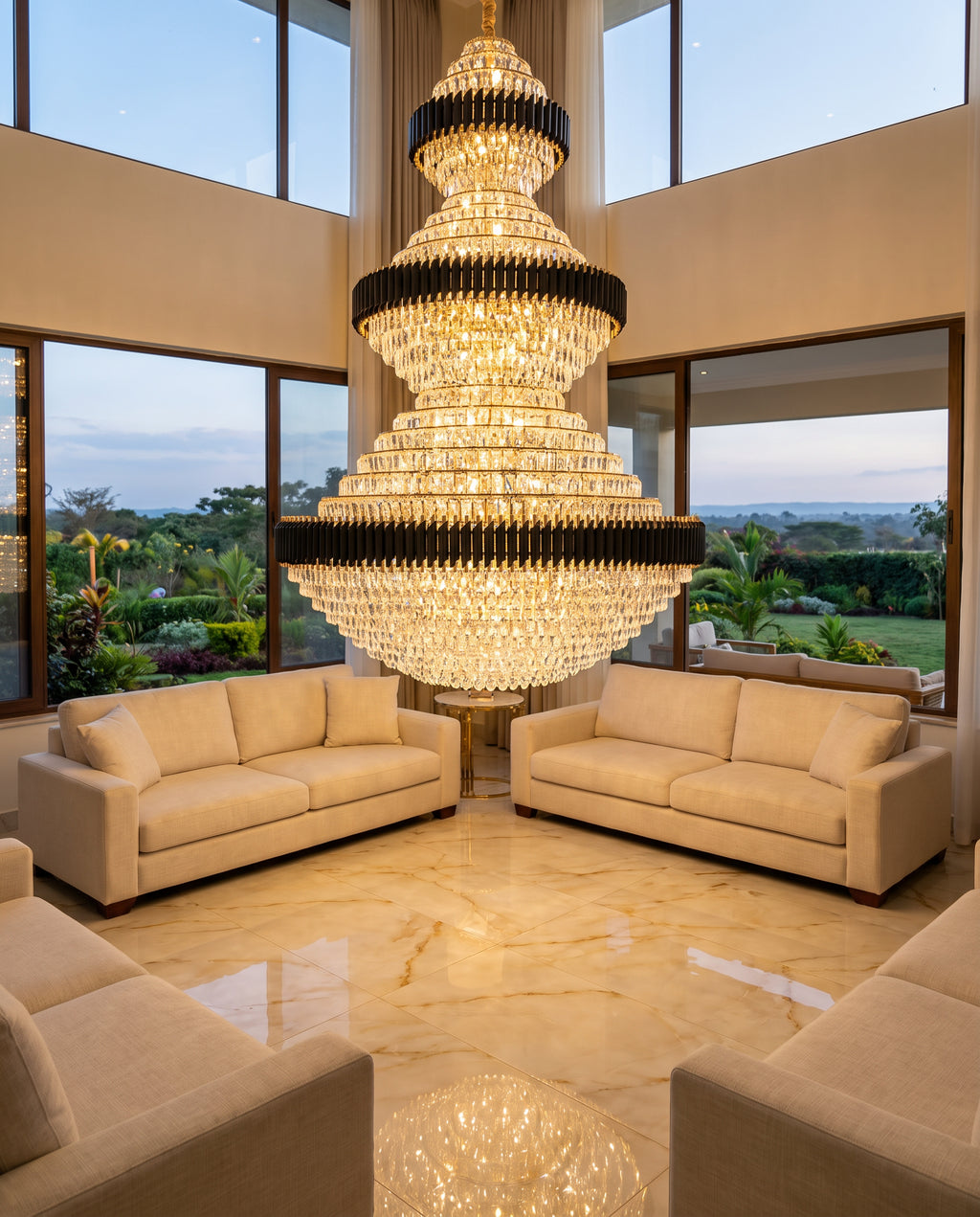 Three-Tier K9 Crystal Chandelier - Black & Gold in a room setting