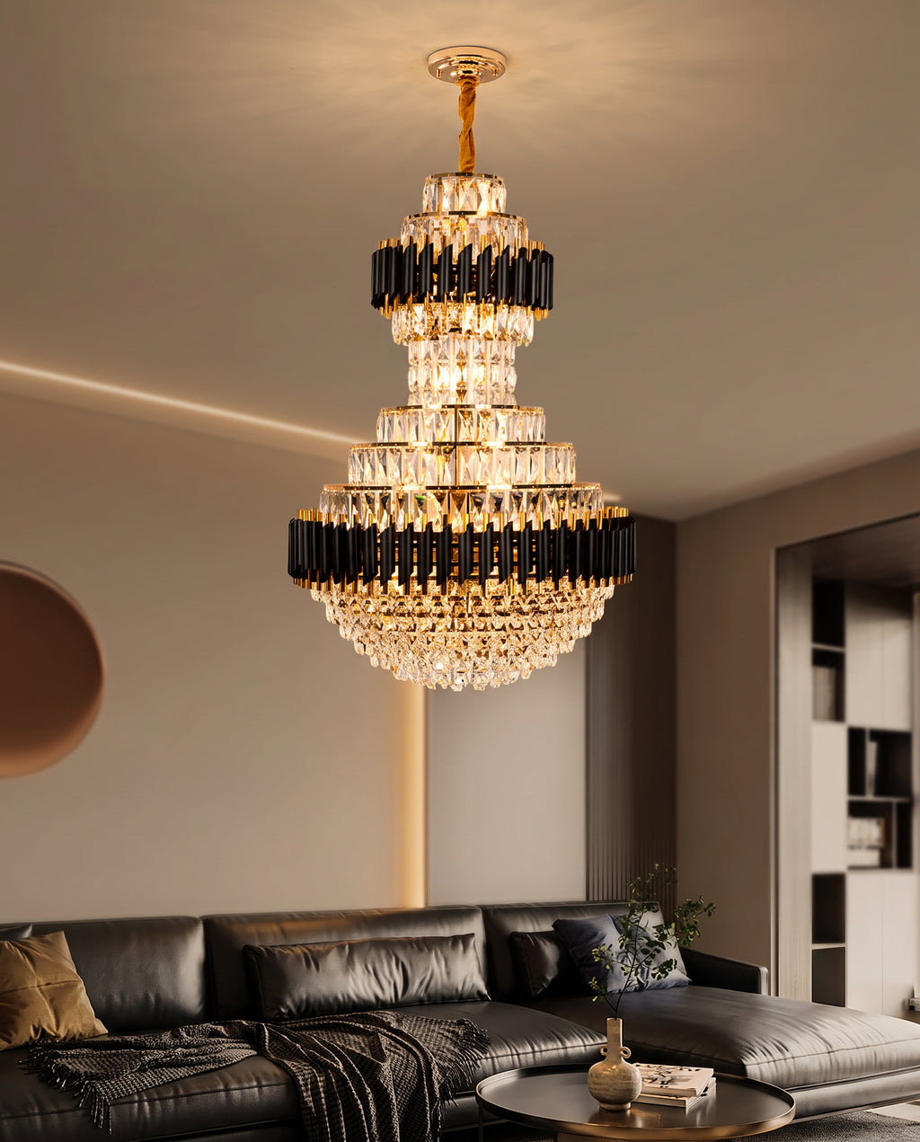 Black & Gold Hourglass Crystal Chandelier - Black & Champagne Crystal in a room setting