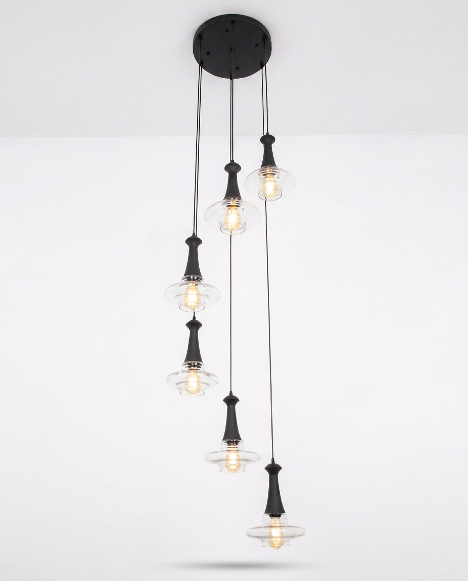 Glass-Disc Spiral Pendant - Matte Black & Clear Glass