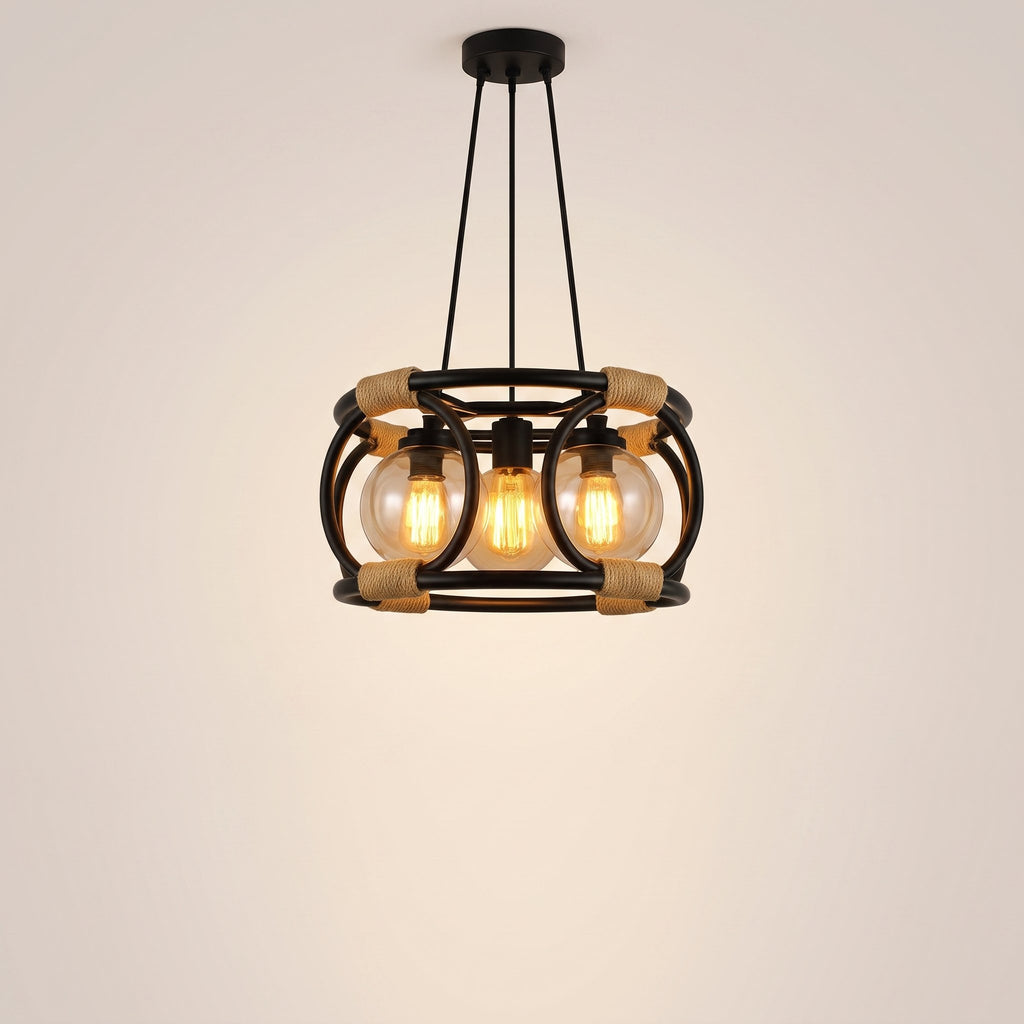 Artisan rope-bound black steel cage pendant with amber filament bulbs