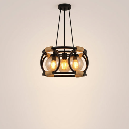 Artisan rope-bound black steel cage pendant with amber filament bulbs