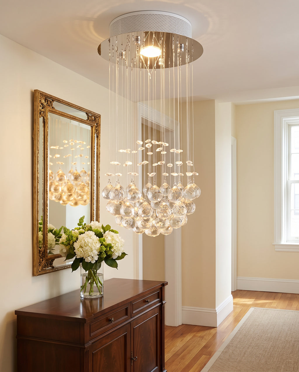 Compact Crystal-Ball Raindrop Chandelier - Chrome & Clear Crystal in a room setting