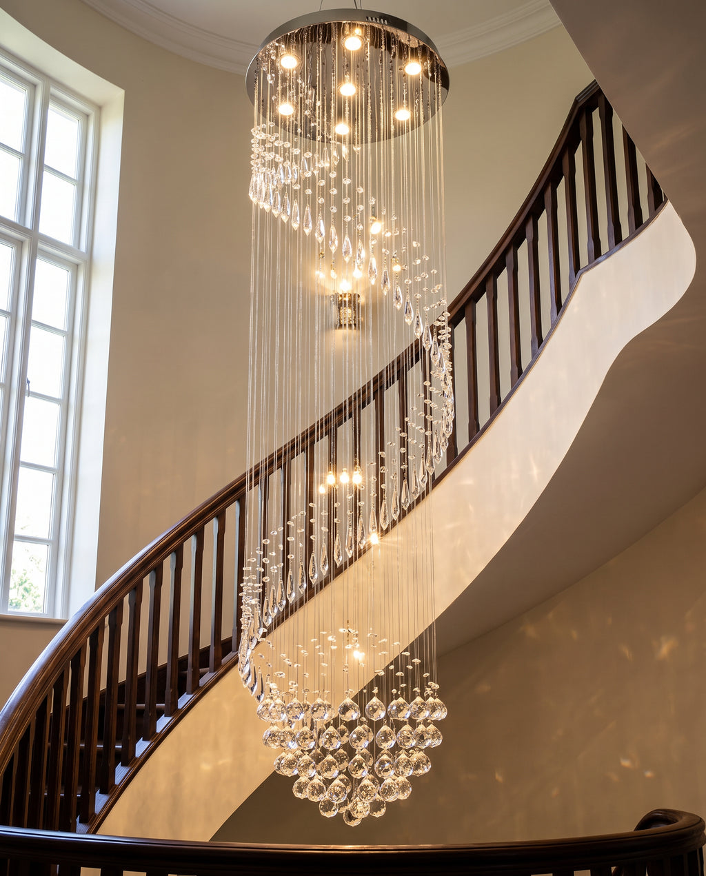 Spiral Raindrop Crystal Chandelier - Chrome & Clear Crystal in a room setting