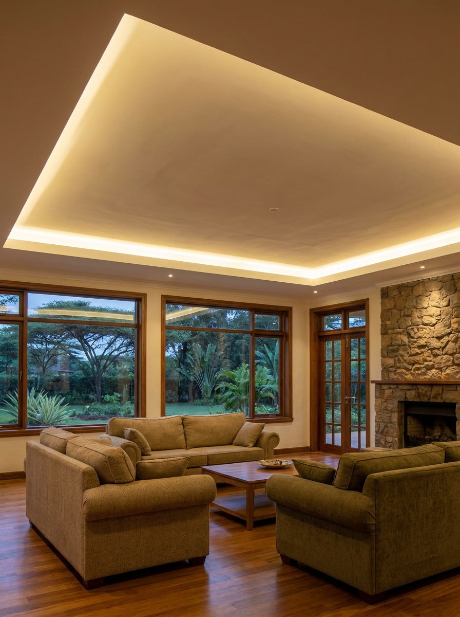 Cove lighting glowing around the ceiling of a Karen Nairobi villa living room at dusk