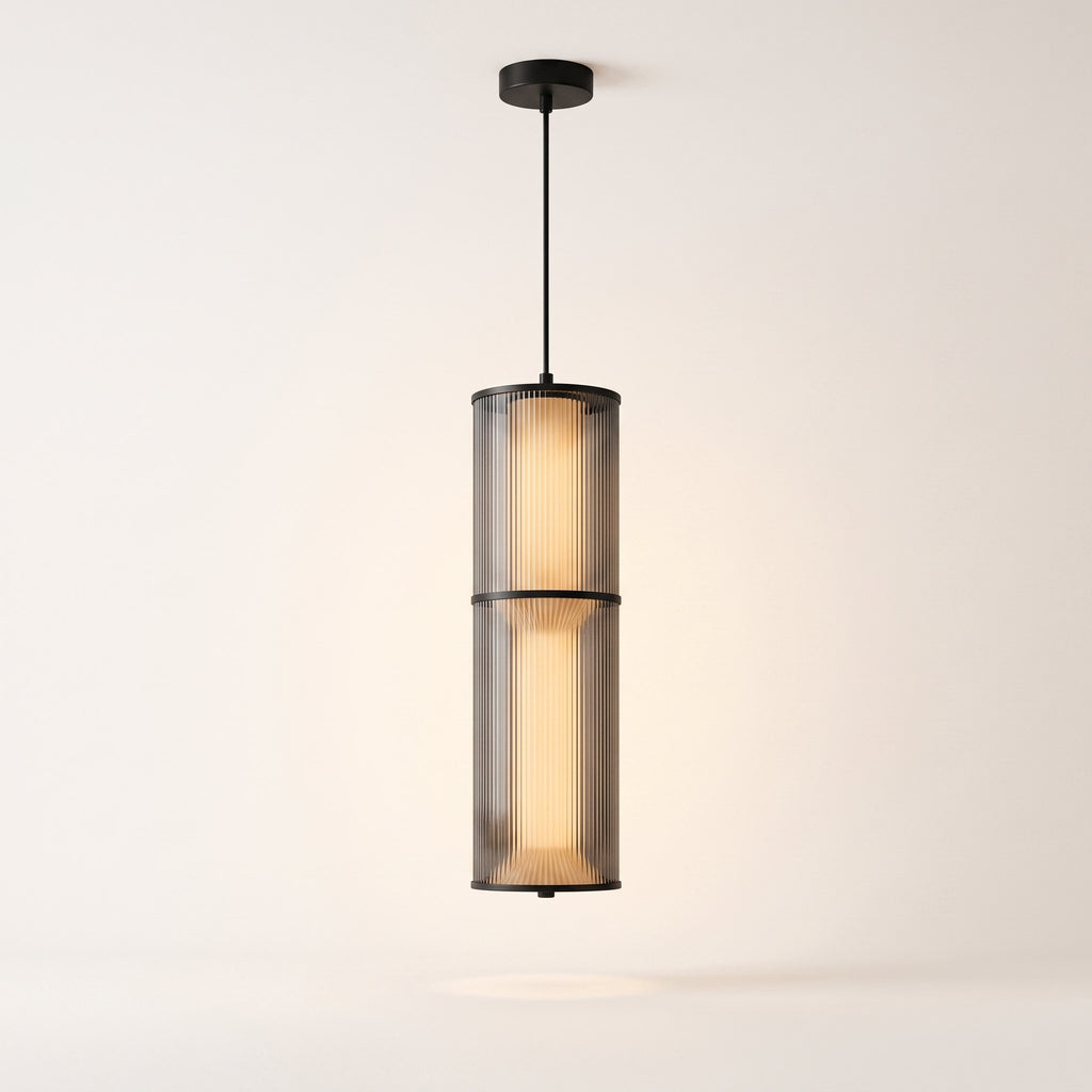 Fume ribbed smoked glass cylinder pendant with warm inner glow
