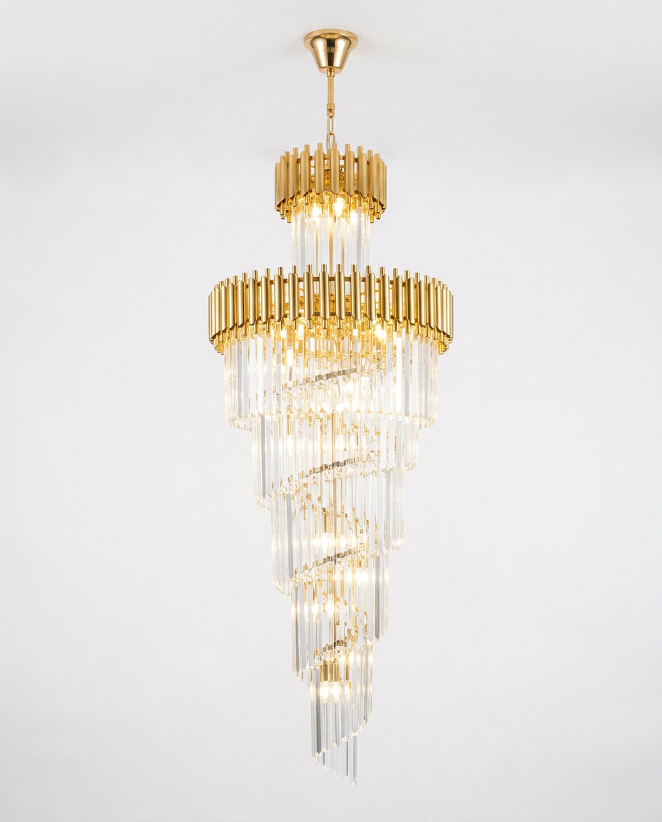 Gold Two-Tier Spiral Cascade Chandelier - Gold & Champagne Crystal