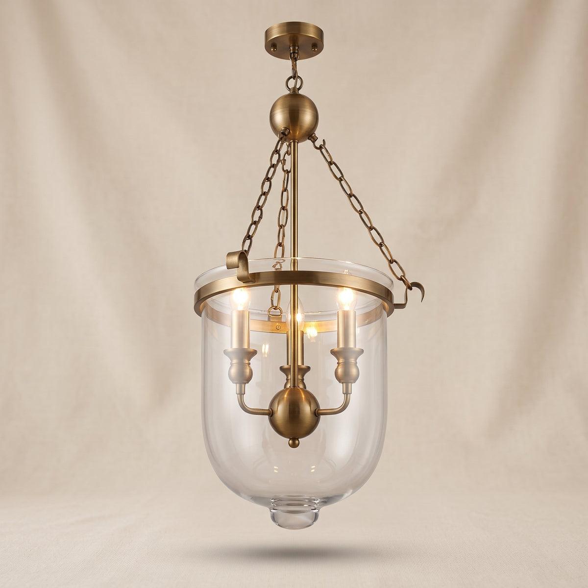 Heritage bell jar lantern pendant in aged brass with clear glass