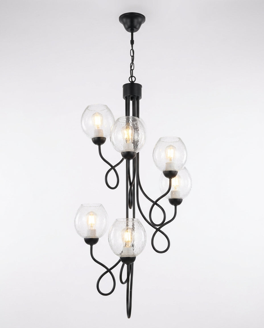 Black Curved-Arm Seeded-Glass Chandelier - Matte Black, 6 Globes