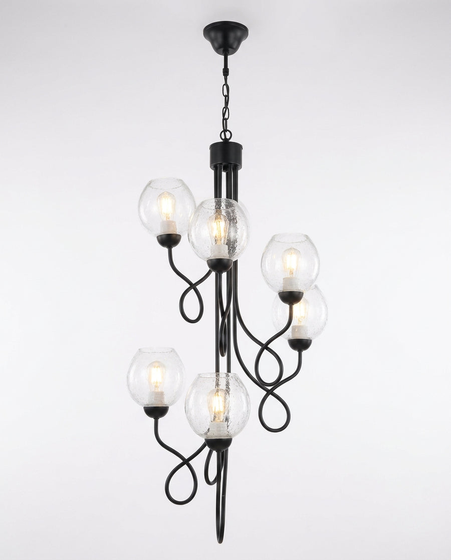 Black Curved-Arm Seeded-Glass Chandelier - Matte Black, 6 Globes