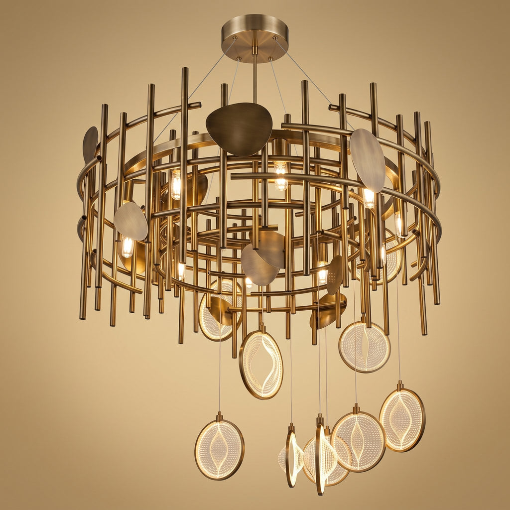Imperial Cascade brushed gold chandelier with lit glass drops