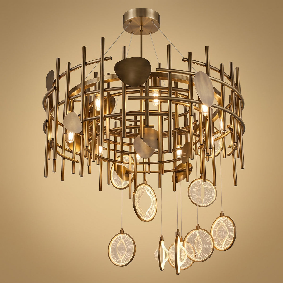 Imperial Cascade brushed gold chandelier with lit glass drops