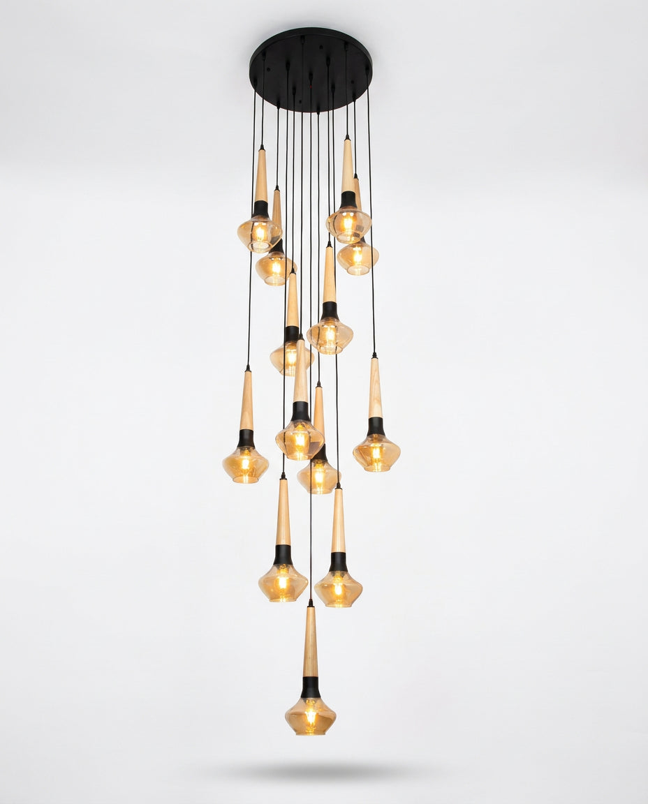 Wood & Amber 13-Drop Spiral Pendant - Light Wood & Amber Glass