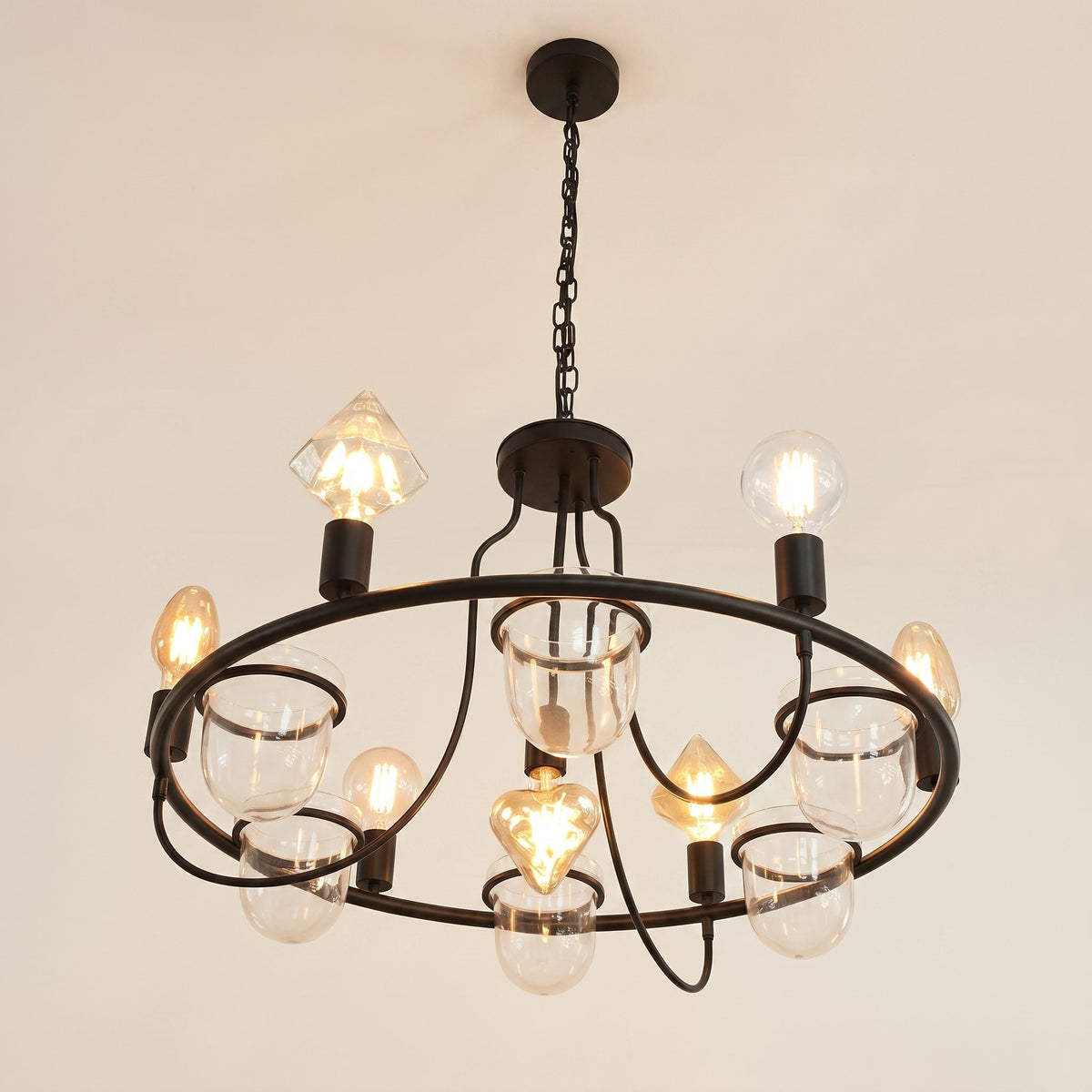 Noir black metal ring chandelier with clear glass cloches