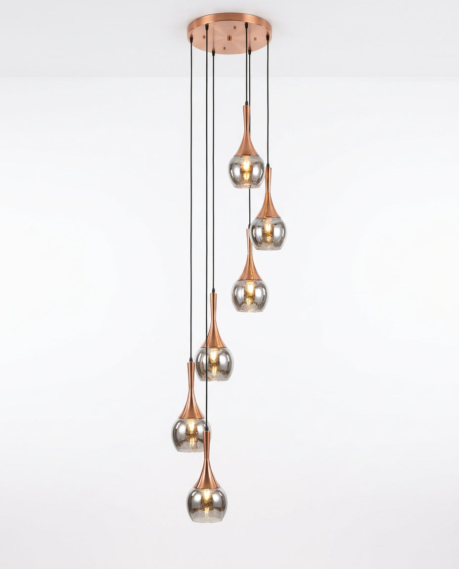 Copper Teardrop Cluster Pendant - Copper & Smoked Glass