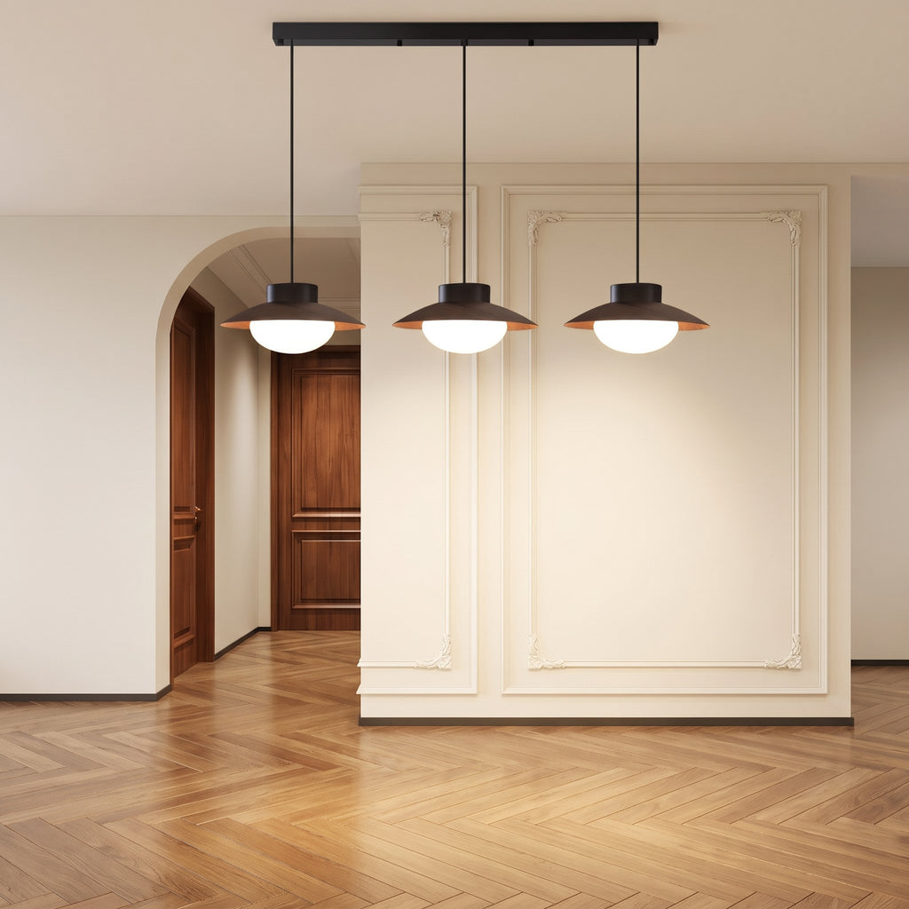 Timber cone linear pendant with three opal glass globes on a black bar