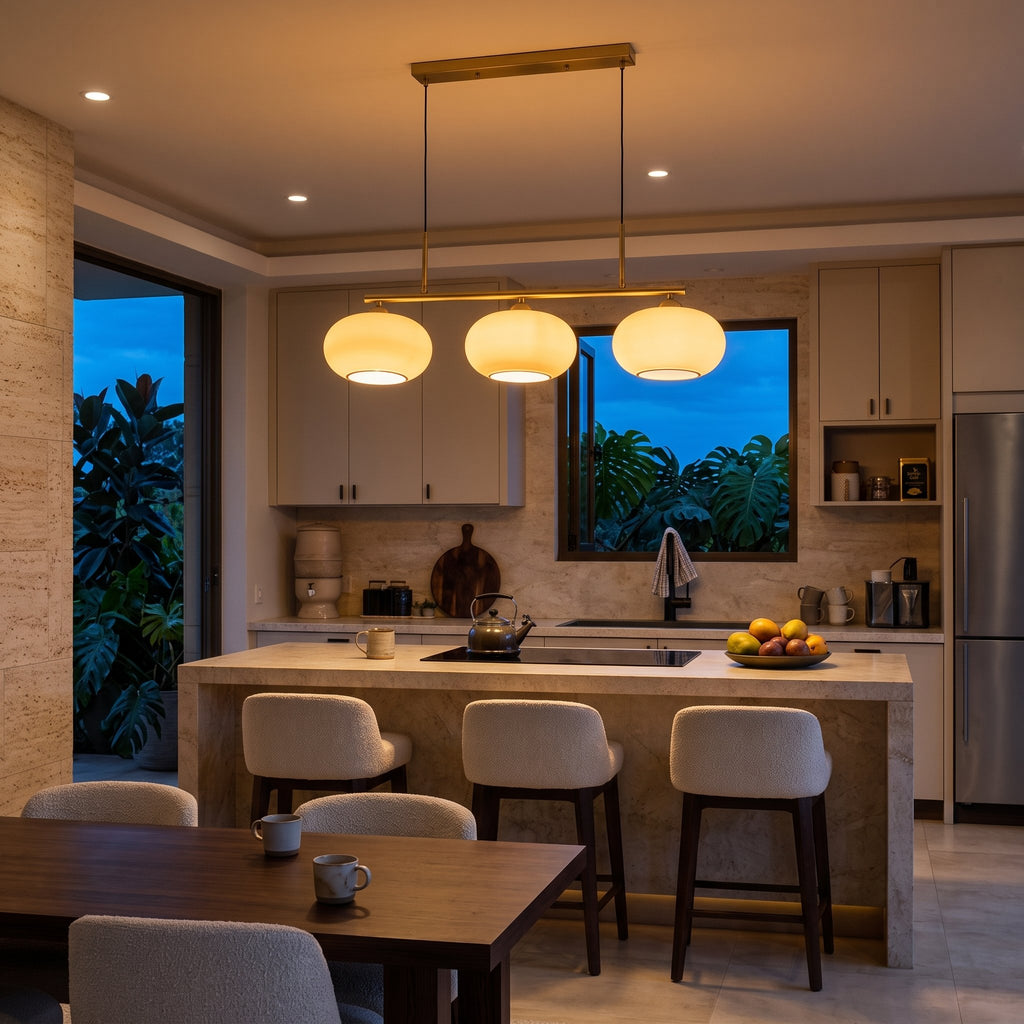 Trio globe island pendant in situ
