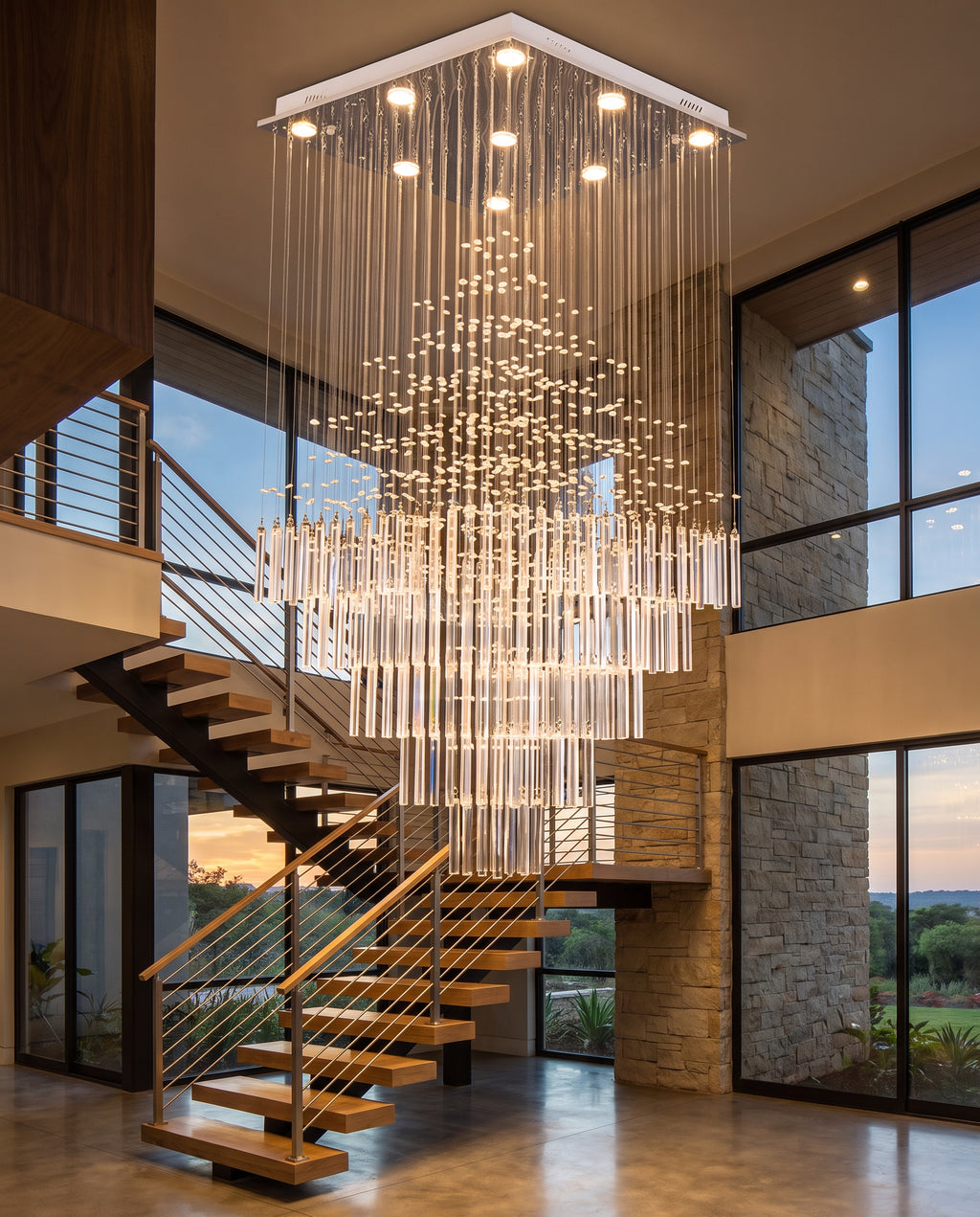 Square Multi-Tier Raindrop Chandelier - Chrome & Clear Crystal in a room setting