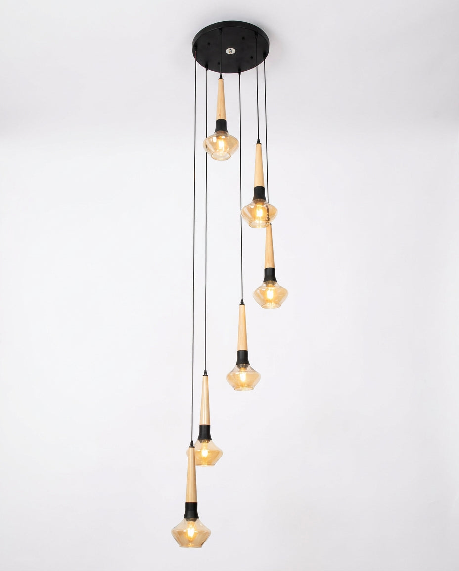 Wood & Amber 8-Drop Spiral Pendant - Light Wood & Amber Glass