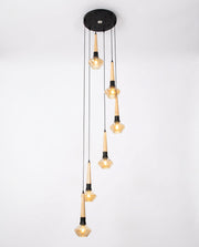 Wood & Amber 8-Drop Spiral Pendant - Light Wood & Amber Glass