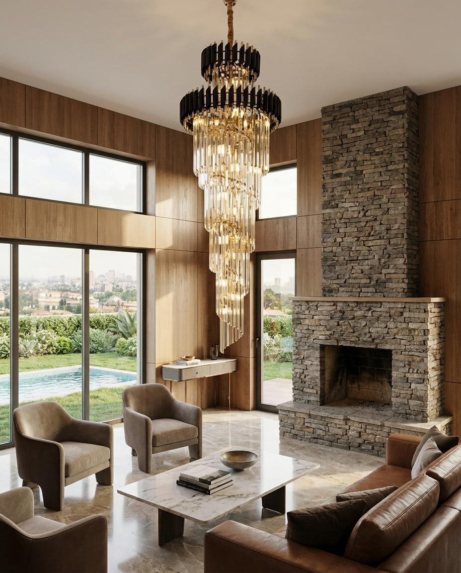 Black & Gold Spiral Staircase Chandelier installed in a finished Nairobi home