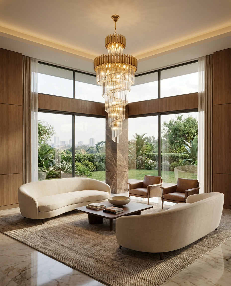 Gold Two-Tier Spiral Cascade Chandelier installed in a finished lounge