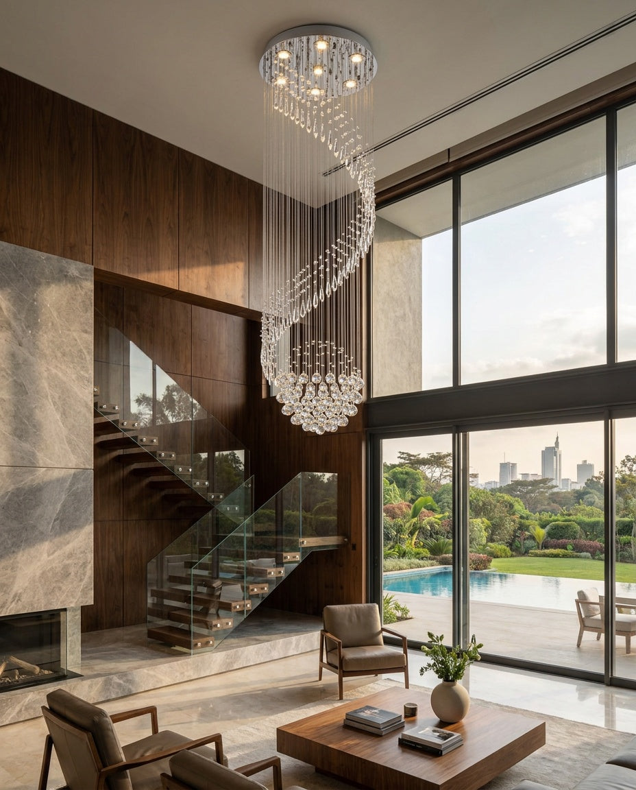 Spiral Raindrop Crystal Chandelier installed in a finished Muthaiga-style stairwell