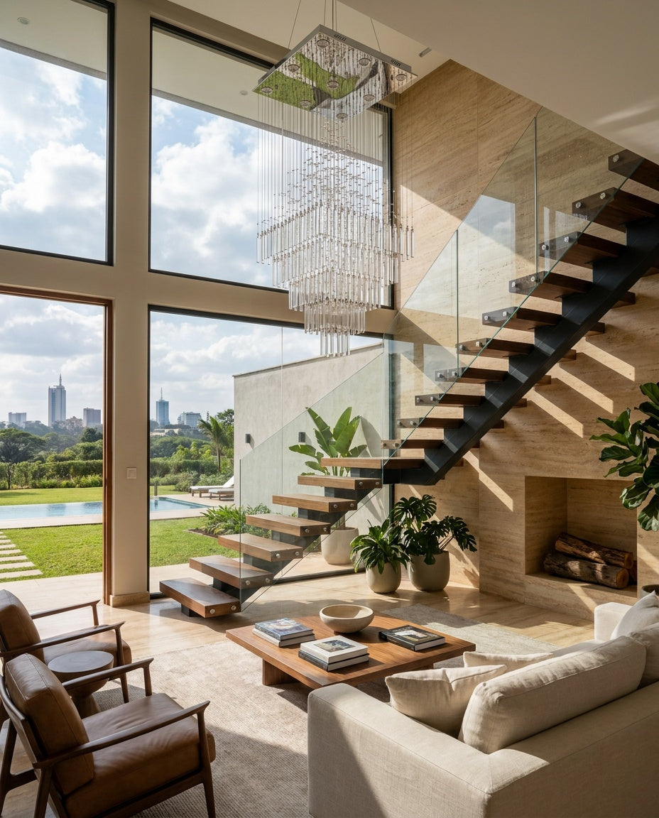 Square Multi-Tier Raindrop Chandelier installed in a finished Nairobi villa