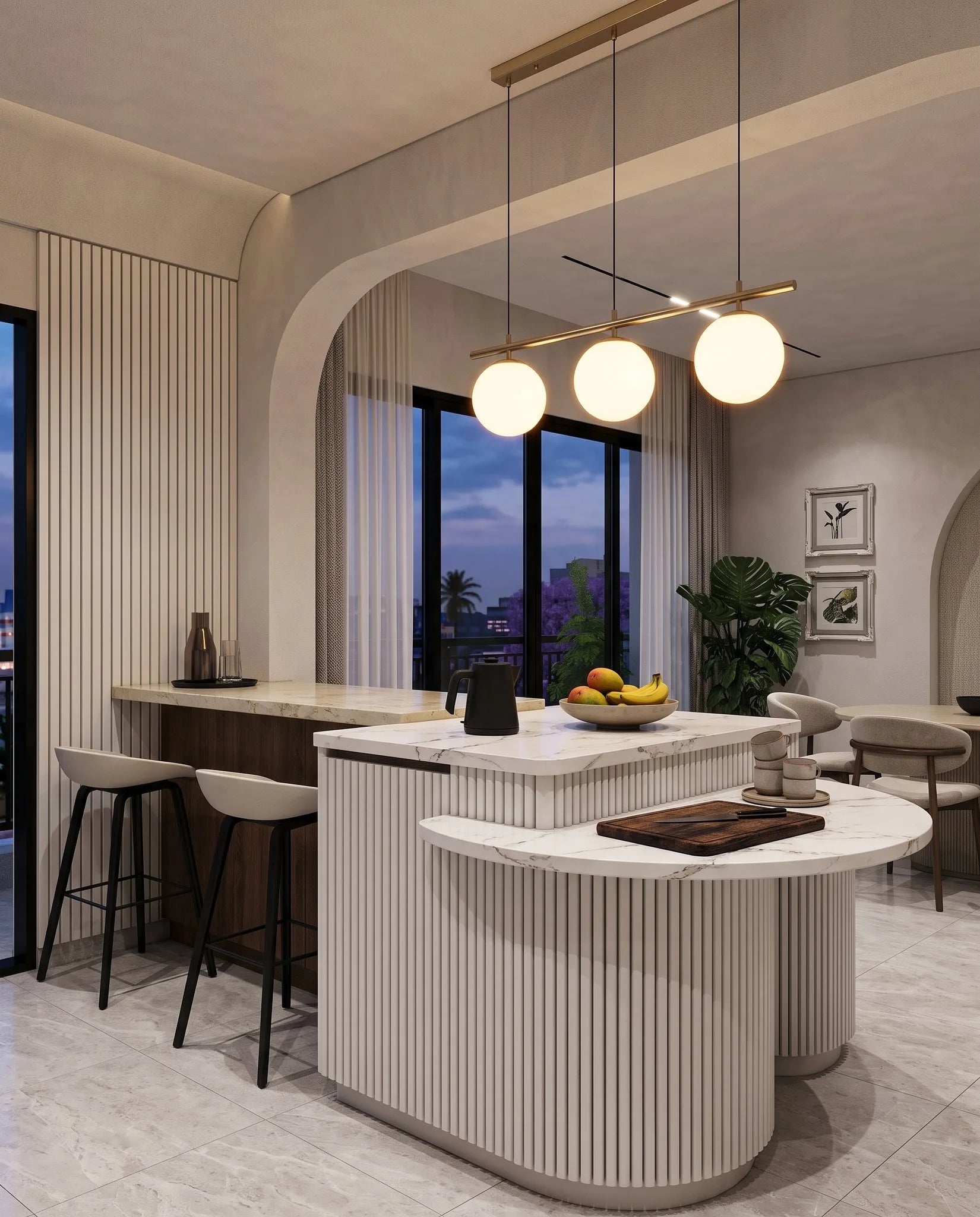 Three globe pendants above a kitchen island